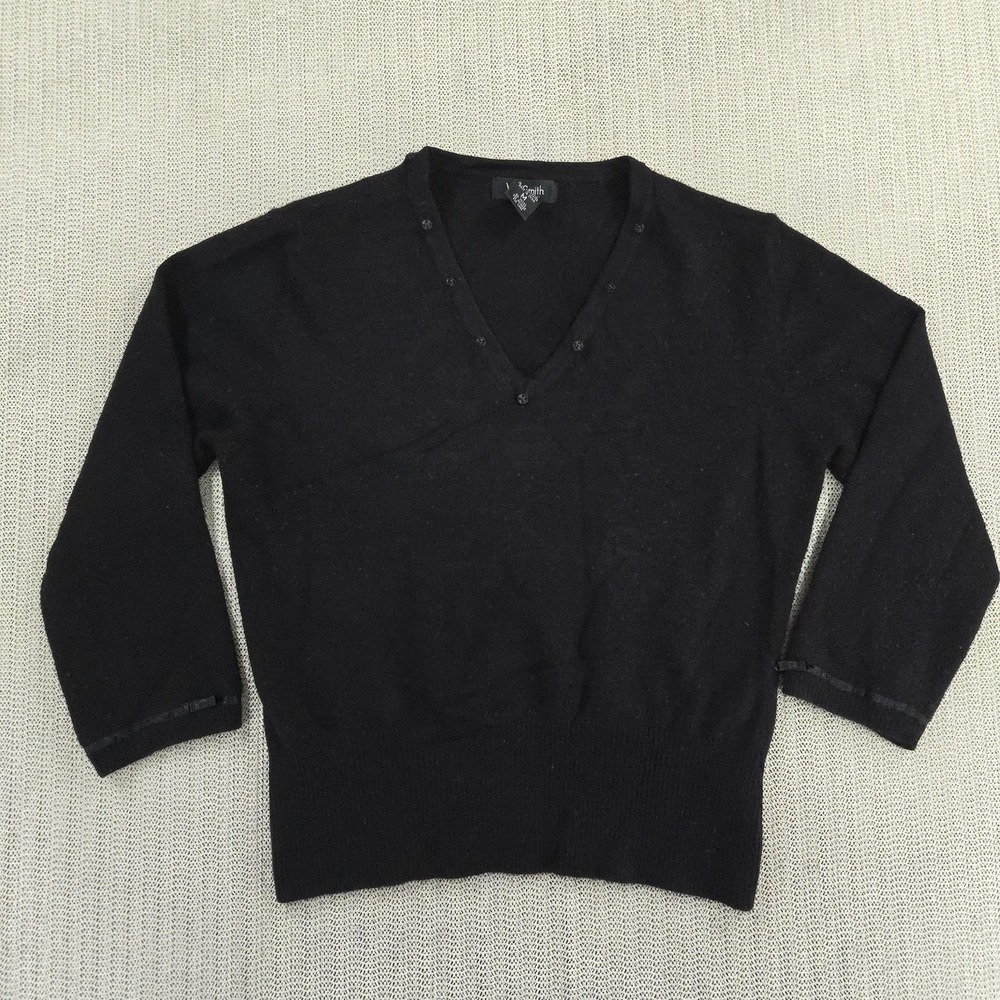 Willi Smith Sweater Womens Medium Black V Neck 3/4 Sleeve Knit Merino Wool Top